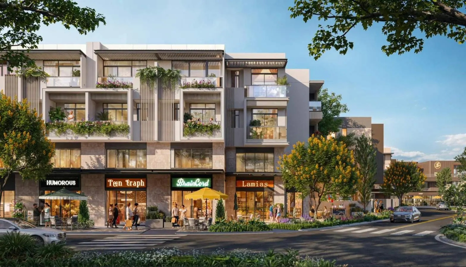 Phối cảnh dãy shophouse với cửa hàng ở tầng trệt